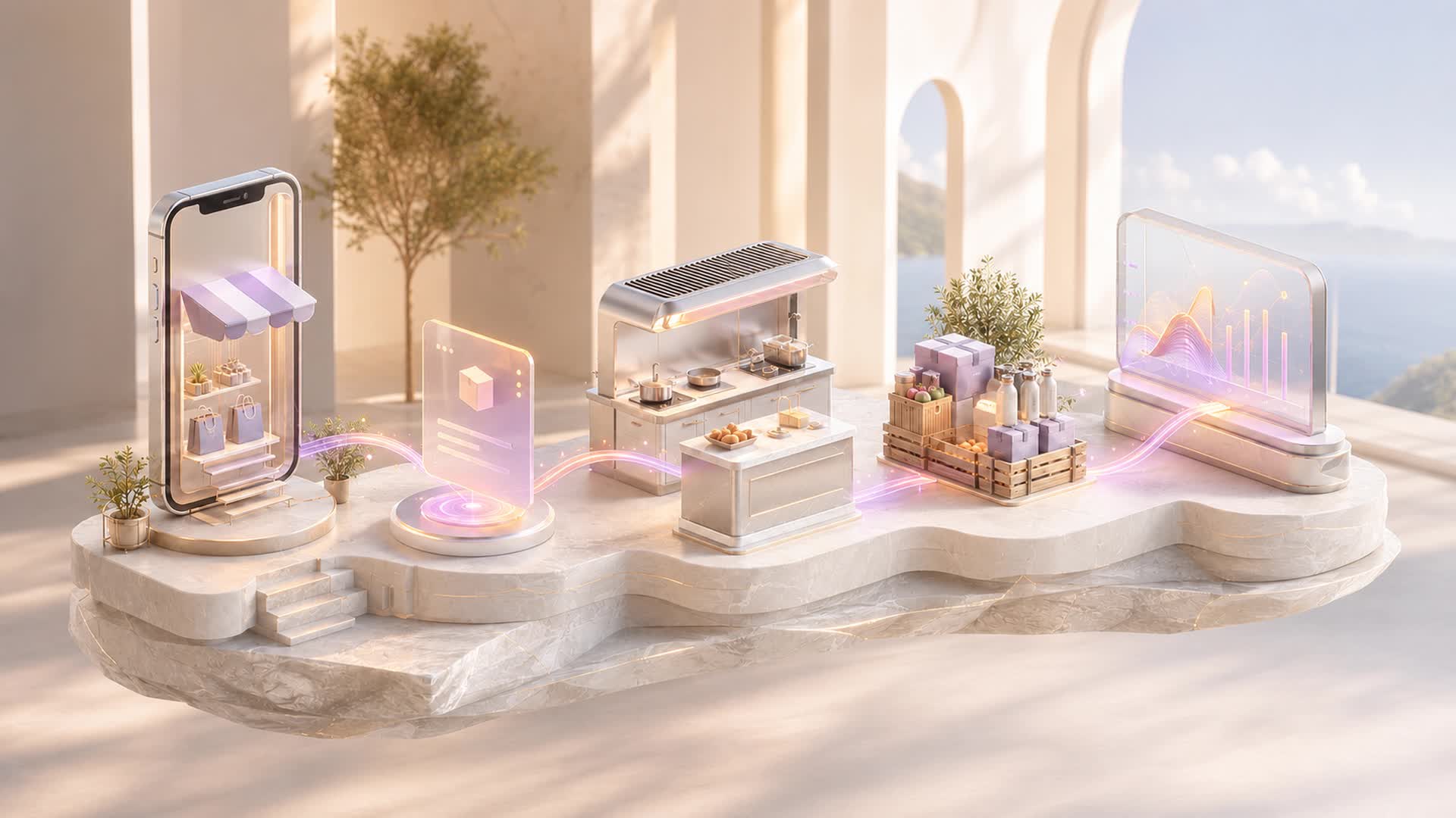 A dimensional commerce journey connecting a mobile storefront, order, preparation, inventory and analytics