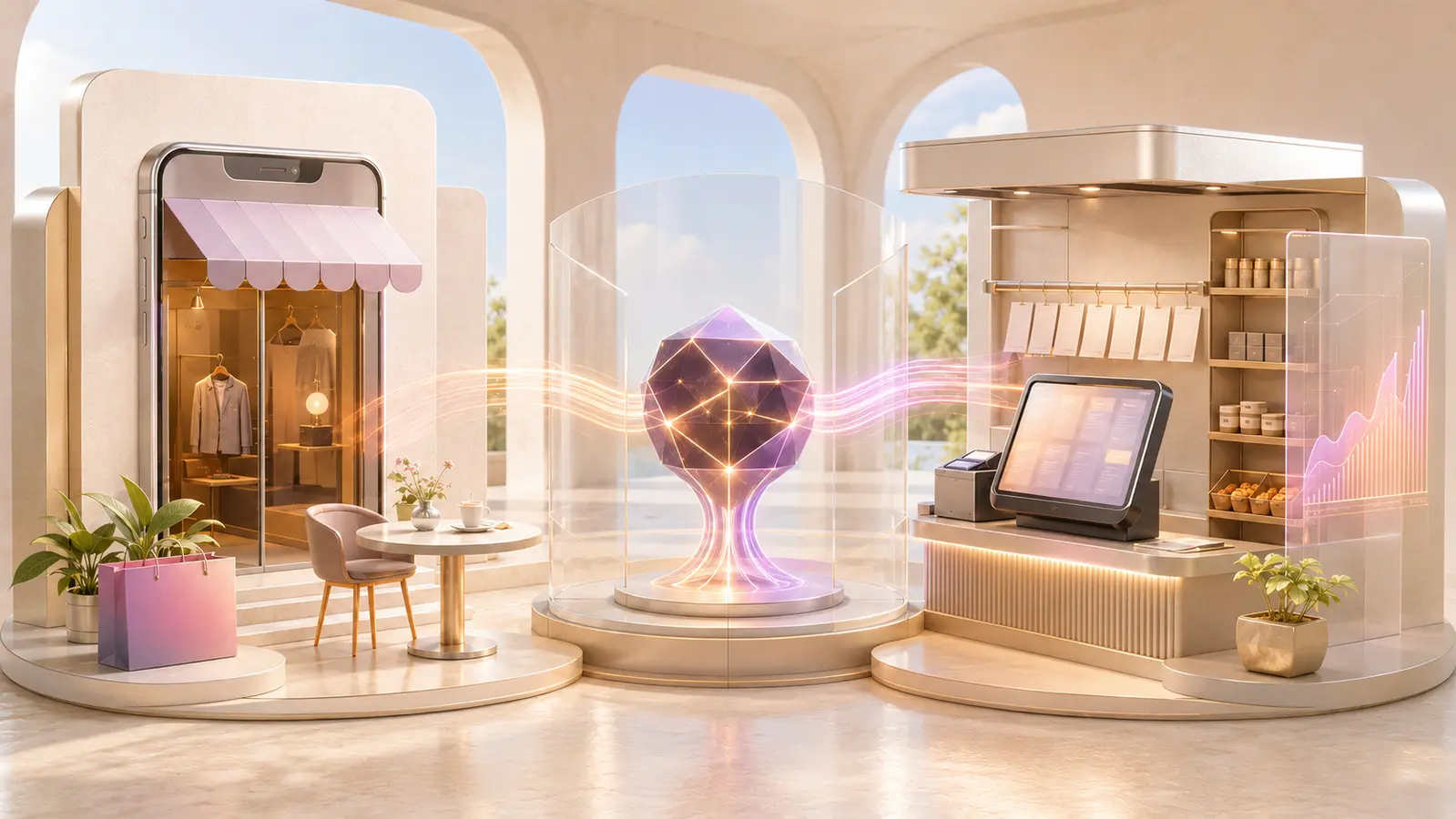 A premium connected commerce environment linking a customer storefront to merchant operations